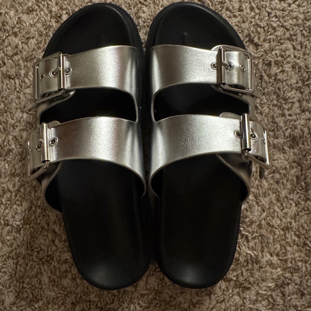 Metallic Silver Buckle Slide Sandals
